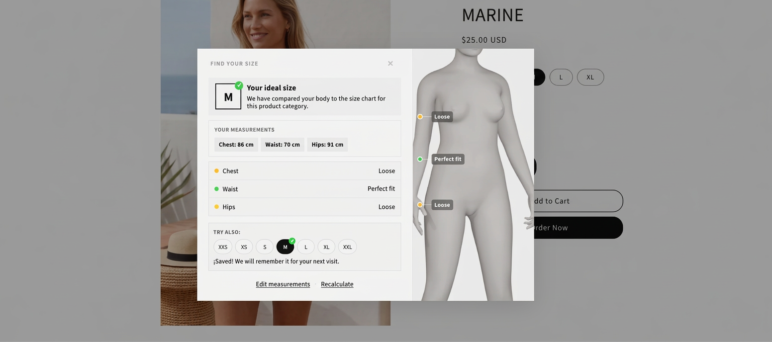 Storefront recommendation result with ideal size